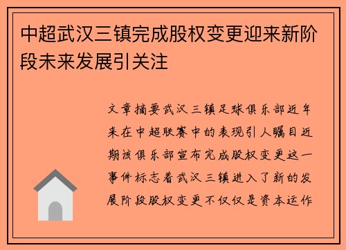 中超武汉三镇完成股权变更迎来新阶段未来发展引关注