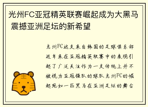光州FC亚冠精英联赛崛起成为大黑马 震撼亚洲足坛的新希望