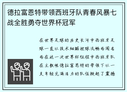 德拉富恩特带领西班牙队青春风暴七战全胜勇夺世界杯冠军